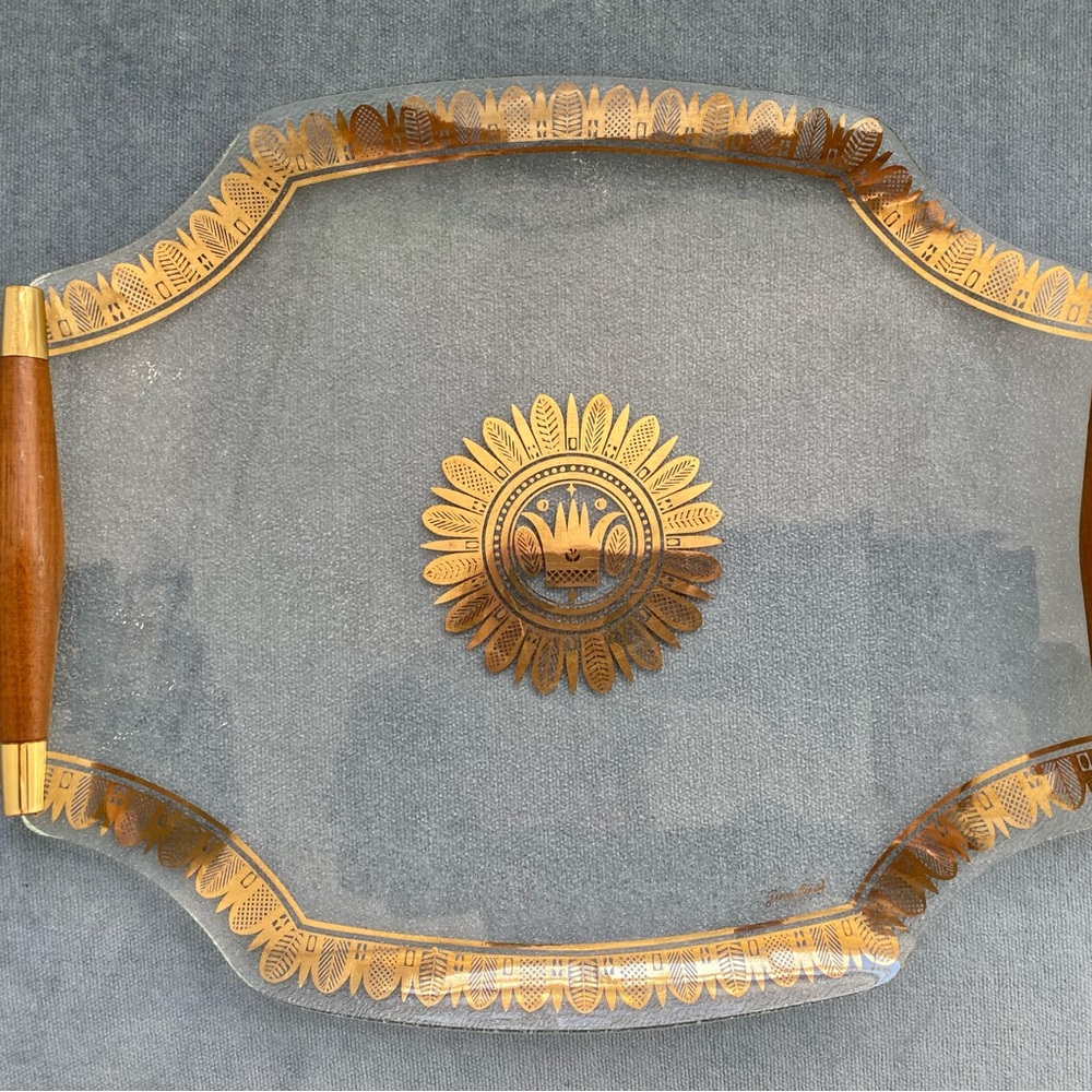 SIGNED 60’s Georges Briard 22k Gold & Glass “Regalia” Cocktail Tray Wood Handles